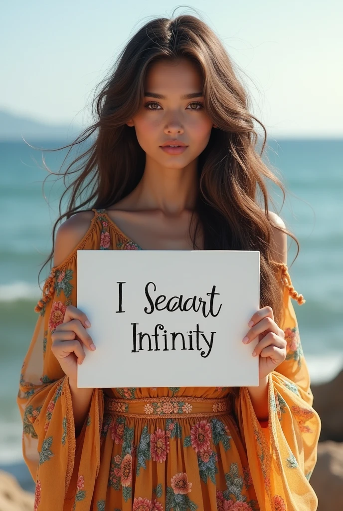 Beautiful girl with wavy long hair, bohemian dress, holding a white board with text "I Love Seaart Infinity" and showing it to the viewer