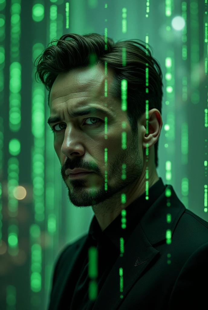 Create a surreal image combining the faces of Tony Stark (Robert Downey Jr.), Henry Cavill, Elon Musk, Ana de Armas, and Andrew Tate into one person, set in a Matrix-style digital world. Include elements like green code rain, a dark city skyline, and neon lighting. The character should look powerful and mysterious, with the atmosphere of a virtual reality or simulation."

