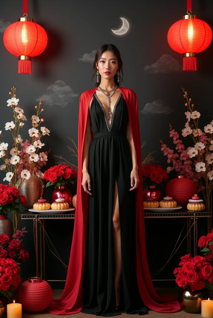 1. Wallpaper và Layout:
Wallpaper:
Choose a black or dark gray background to highlight the red and black shades of the model and decoration.
You can use a background with gentle patterns such as moon and stars or metallic patterns to add appeal.
Layout:
Arrange decorative elements such as lanterns, led light, and moon cakes around the model in a balanced manner.
Place the model in the center or to one side to create space around the accessories.
2. Model's Outfits:
Colour:
Black and red clothes combine harmoniously, for example a long black dress with red accents or vice versa, to create contrast and stand out.
Styles:
Choose clothes with modern and sophisticated designs, such as a long dress or a cape with gentle details to match the chic style.
Use accessories like necklaces, earring, or a metallic gold belt for added sparkle.
3. Props and Decorations:
Decorative table:
Place a decorative table with a glossy black or glass surface, and decorate with items such as red lanterns, yellow candle, and modern moon cake models.
Use silver or gold cake plates and trays to add a touch of elegance.
Decorative details:
Add details like fresh flowers (red roses or white orchids) to create emphasis and freshness.
Combine with metallic or iridescent details to highlight the red and black of the model's outfit..
4. Light và Angle shooting:
Light:
Use soft and even lighting, Combine key lighting and background lighting to highlight the nuances of the costumes and setting.
Use light shining from above to create a shimmering effect on decorative details.
Angle shooting:
Shoot from different angles to create variety, include wide angles to cover the entire scene and close-ups to highlight details like costumes and accessories.
These elements will help create a Mid-Autumn Festival photography backdrop that is both modern and modern, luxurious, It also fits the model's style.
Please draw with pictures so I can easily visualize