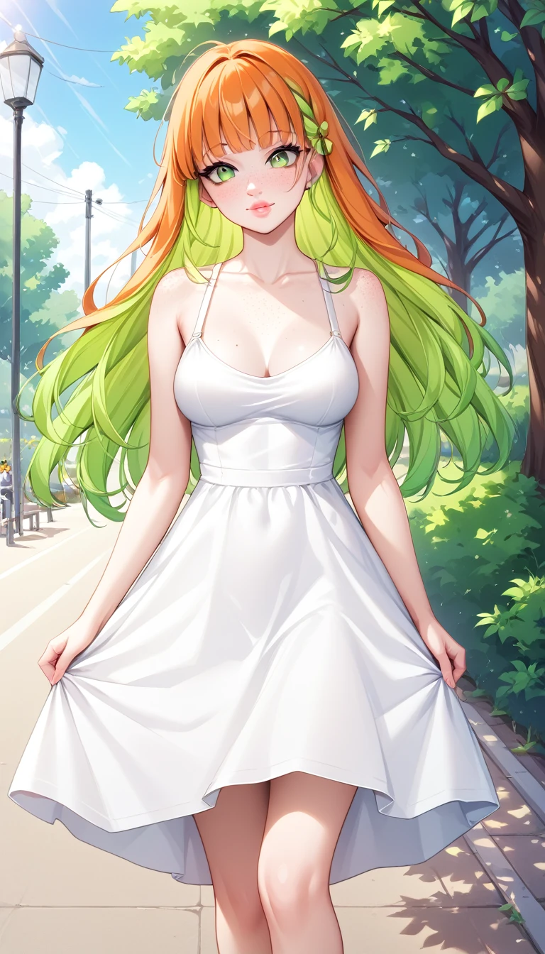 1 Girl, Medium Breasts, Half Orange Hair And Half Lime Green Hair, Split Hair Color, Two Hair Colors, Lime Green Eyes, Nice Eyes, Long Hair Style, Freckles, Nice Lips, Nice Nose, Pale White Skin, Smooth Skin, Uncaring, Sexy, Bitch, Long White Sundress, Public Park