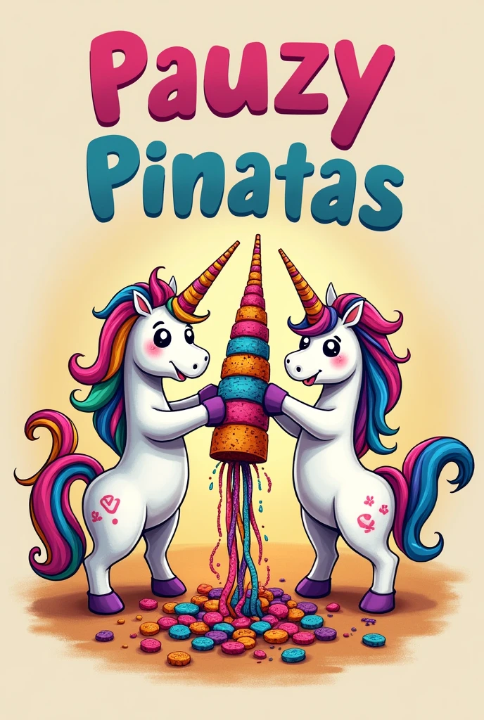 a logo that says Pauzy Piñatas made with love . And below a unicorn and her baby unicorn standing breaking a hanging piñata with a stick. .