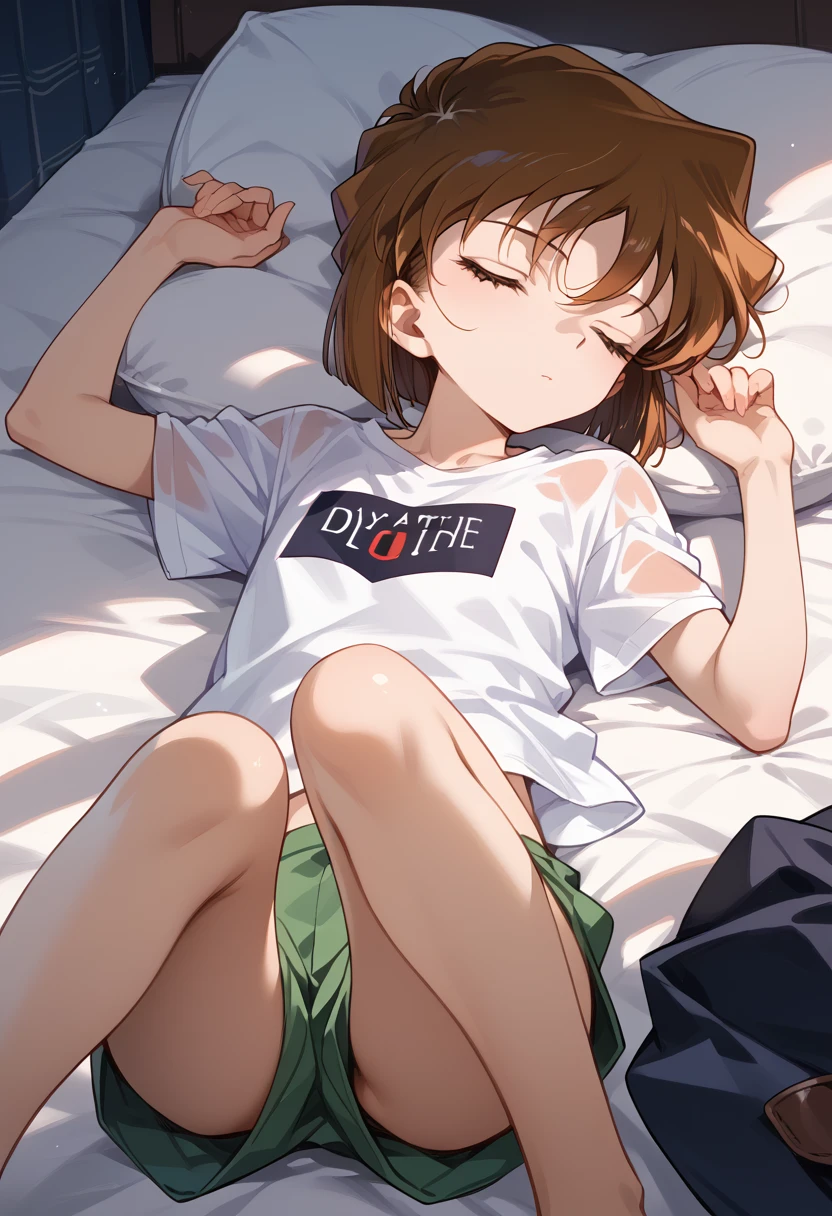 masterpiece,High resolution,Highest quality,8k(Detective Conan,ai haibara) (***************,,Flat Chest,Short,Brown Hair,short hair) ((A loose t-shirt that reaches down to the knees,))Lying on your back,Leg spread,Sleep