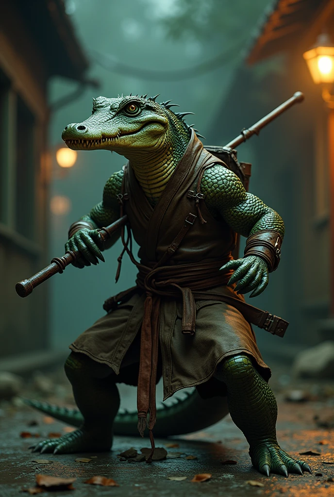 a clandestine kung fu fighting humanoid alligator, with a leather outfit and a staff on his back, standing in a kung fu fighting pose