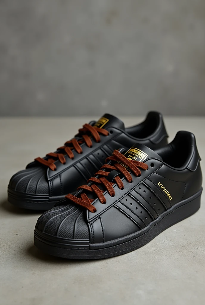 Clasis black adidas superstar with brown laces