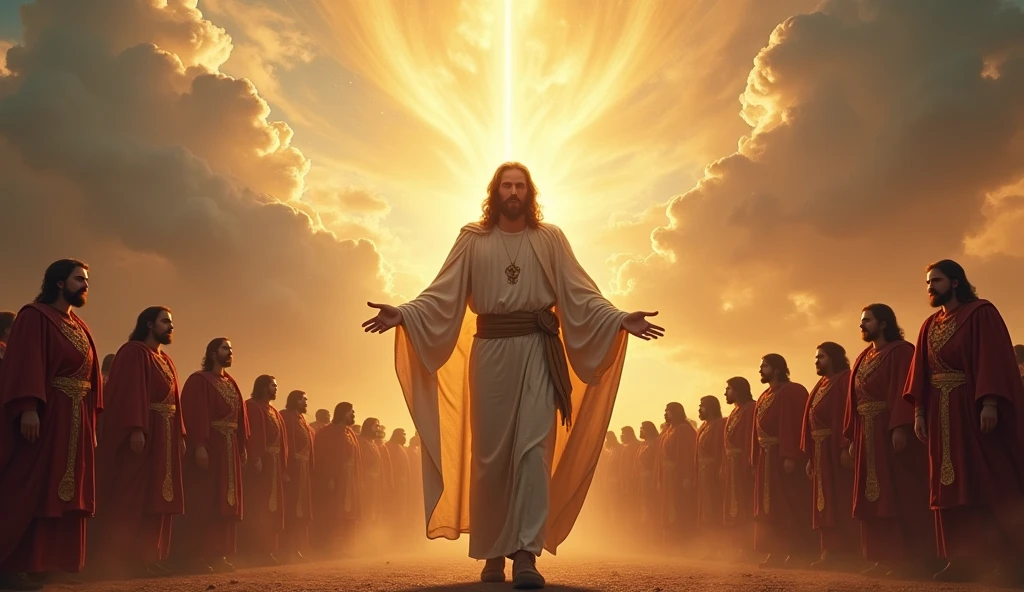 Image representing an imposing and magnificent bold Christian, create an outfit for a bold Christian from the Temple of Christian Oneness. Create a conceptual image of Jesus Christ coming in his glory and gathering his chosen ones into his heavenly army in the battle of the last day. With a billion people following Jesus. Jesus doing charity, walking with determination, faith and humility.