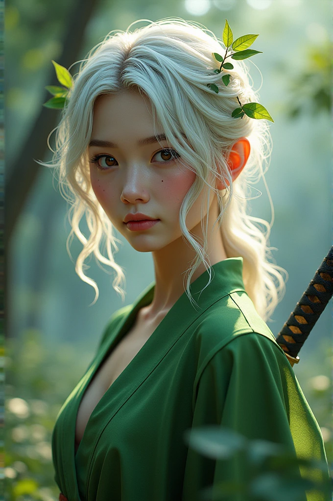 A woman with white hair with brown eyes and leaves in her hair tied up with a katana and green demon hunter clothing,with korean face,and wavy hair,digital image ai,and a scar,and short hair,with soft cheeks,IA