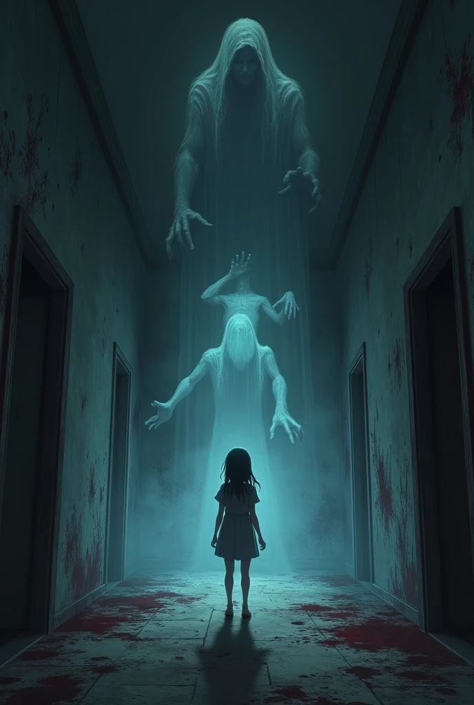 A person alone in a haunted room With a very scary background, 
With ghosts And the style of the anime-type image With a gloomy and bloody style