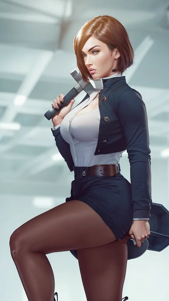 Megan Fox, thick body, short hair, holding hammer in right hand, looking at you, ((face fix)), ((no cross eyes)), detailed picture, indoor lighting, cinematic color grading