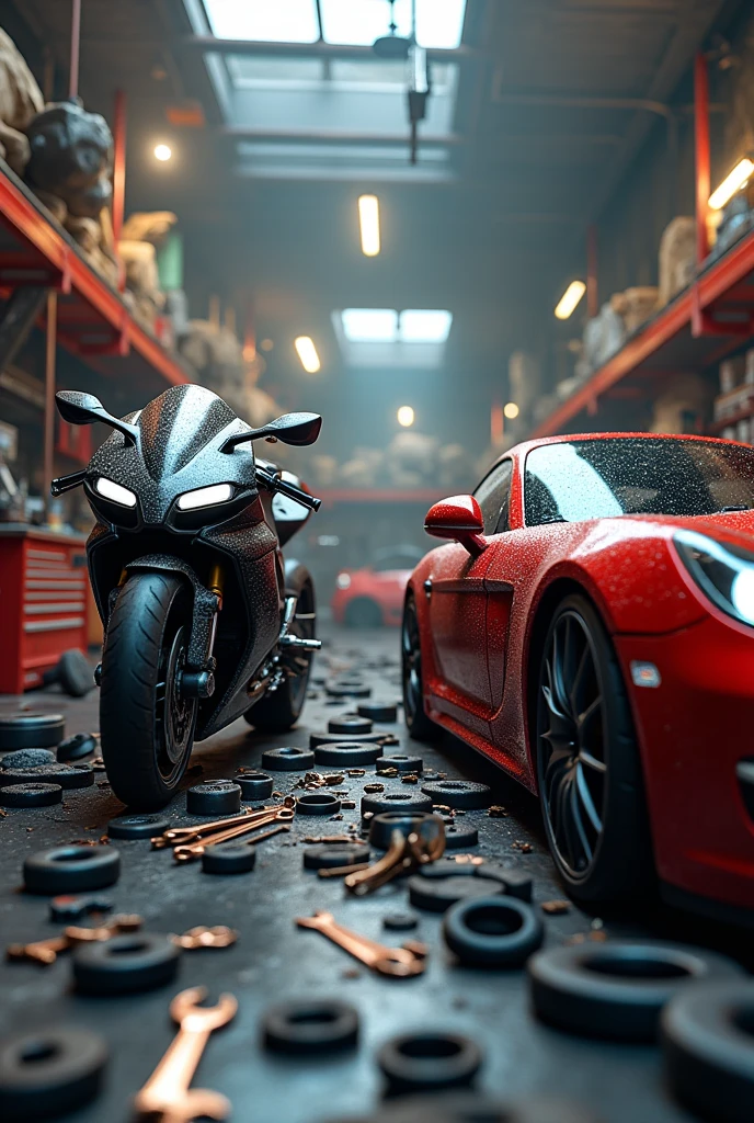 Motorcycle and car coming out of a rubber and mechanic tools scattered everywhere in 3d