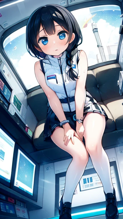 (Highest quality), (masterpiece), 1080P, High resolution, 4K, 8k, Inside the space station、Futuristic room、Thigh straps, Shooting from directly below, The woman on top of me, 白いSweat, Covered , Sweat, Woman looking down, Skirt swimsuit, Thigh-high socks, To achieve this, , , whole body, Black leather shoes, Braided hair, Inner Color, Embarrassed face, Short black hair, bracelet, Bedroom,celestial body_Vest