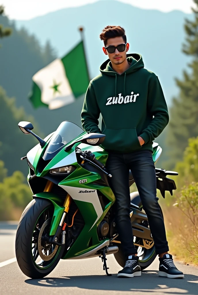 A stylish 18 year old with a fair complexion and short, neatly styled long hair is leaning against a green and white sportbike on a scenic road with green trees and mountains in the background. He is wearing black sunglasses, a dark green hoodie with the name 'zubair' written on it in white letters, black jeans, and black and white sneakers. Behind him, the national flag of Pakistan is waving in the wind. The setting has a bright and clear day, and the overall vibe is modern and cool."