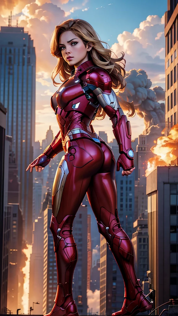 Ironman, (Marvel comics), Avengers, sexy girl, powerful, red classic sexy armor, Young, skynny body, small and beautiful buttocks, toned abdomen, small and beautiful breasts, concerned, very sensual, she is flying in the sky, You are shooting energy rays with your hands, rocket propulsion at your feet, power center, planes, clouds, New York City on fire, destroyed buildings in the background, Dramatic background, many scared people, alien invasion, sensual look, Beautiful brown eyes, classic hairstyle,Hair dyed in bright blonde color, best quality,4k,8k,A high resolution,masterpiece,Ultra detailed,realistic, Photorealistic,photo realistic, ultra realistic 