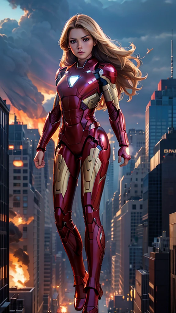 Ironman, (Marvel comics), Avengers, sexy girl, powerful, red classic sexy armor, Young, skynny body, small and beautiful buttocks, toned abdomen, small and beautiful breasts, concerned, very sensual, she is flying in the sky, You are shooting energy rays with your hands, rocket propulsion at your feet, power center, planes, clouds, New York City on fire, destroyed buildings in the background, Dramatic background, many scared people, alien invasion, sensual look, Beautiful brown eyes, classic hairstyle,Hair dyed in bright blonde color, best quality,4k,8k,A high resolution,masterpiece,Ultra detailed,realistic, Photorealistic,photo realistic, ultra realistic 