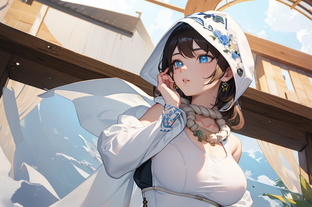  ruri, rope around neck, 
BREAK (white one-piece swimsuit, white swimsuit, jewelry, necklace, white shawl, hood up:1.2),
BREAK (masterpiece:1.2), best quality, high resolution, unity 8k wallpaper, (illustration:0.8), (beautiful detailed eyes:1.6), extremely detailed face, perfect lighting, extremely detailed CG, (perfect hands, perfect anatomy),