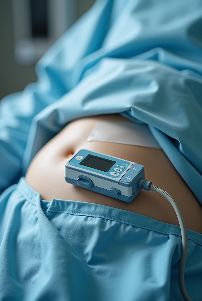 Post surgical oximeter with adhesive streps , surrounding the abdominal surgery site which attached to Bedside Monitor 

