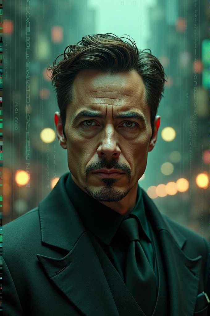 "Design a composite image featuring a single character made up of the combined faces of Tony Stark (Robert Downey Jr.), Henry Cavill, Elon Musk, Ana de Armas, and Andrew Tate. The background should be a Matrix-style artificial world with digital code, neon lights, and a futuristic, dystopian city. The character should exude a cyberpunk vibe, blending elements of technology and reality."
Version 4: