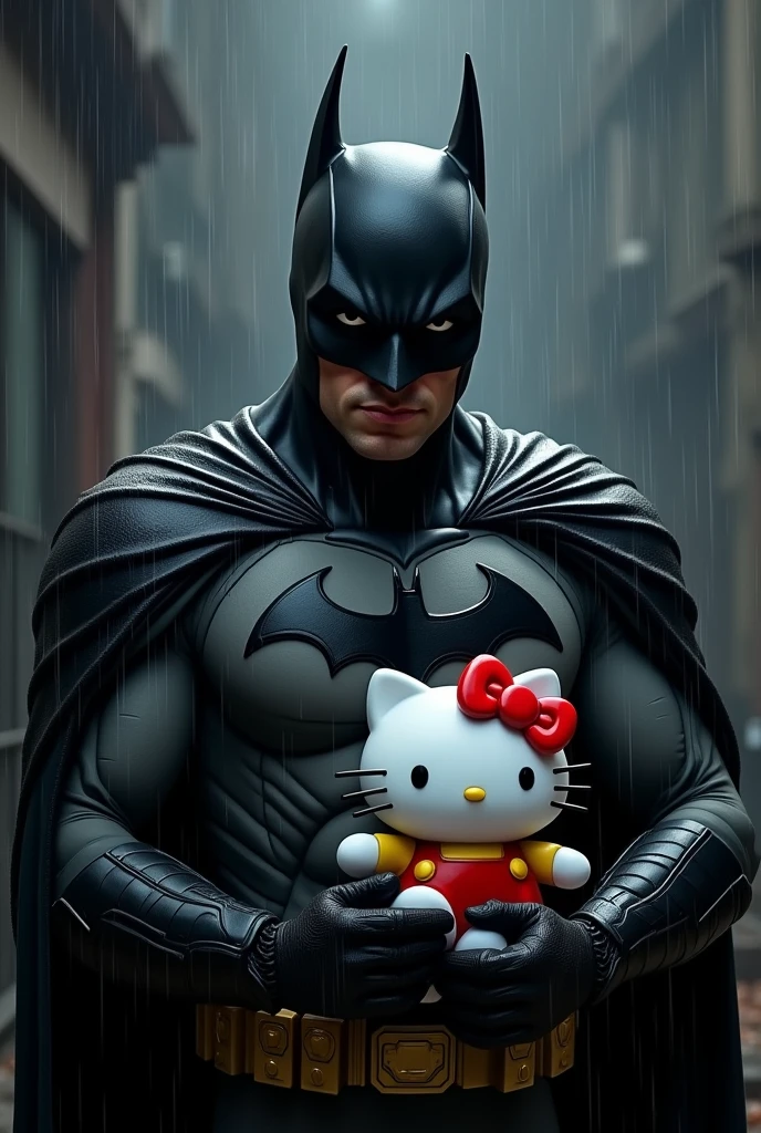 I want you to generate me a a picture of batman with angry look in his black suit and holding hello kitten hands while hello kitty is happy and smiling and in the back ground i want to be some rains and darkness