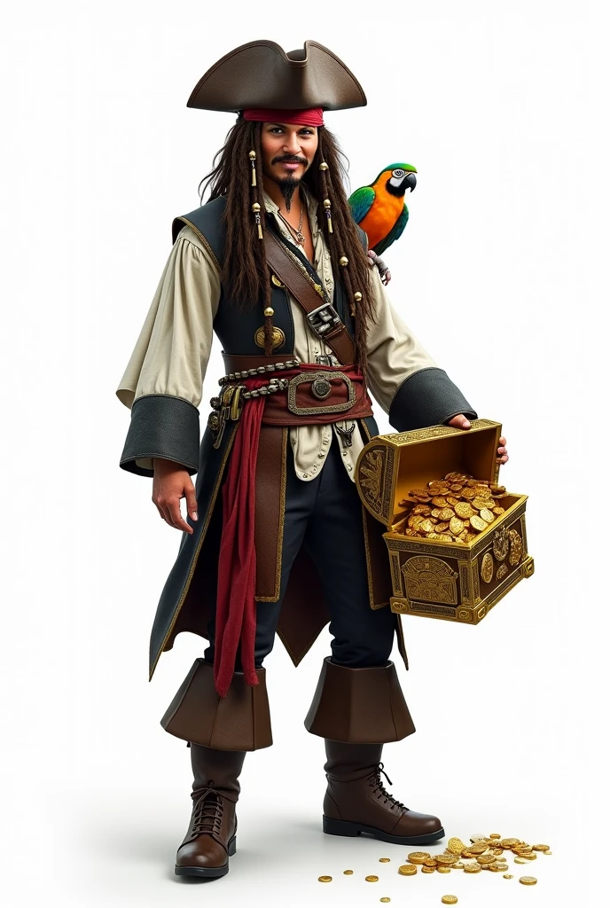 CREATE FOR ME an image of the character Jack Sparrow according to the characteristics of the film and the same feature on Johnny Depp's face holding the Aztec golden chest, MAKE THE CHEST OPEN, SHOWING THE COINS AND JEWELRY INSIDE make the image with a white background Also add the parrot on Jack Sparrow's shoulder. Image Description:
charachter: Jack Sparrow
Roupa: Jack Sparrow is wearing his traditional pirate costume, including a white ruffled shirt, a brown vest, dark pants and boots. He is also wearing a tricorn hat, a red bandana, and has his iconic pirate belt with various tools and a sword.
stance: He is standing, with a triumphant expression and a slight smile on his face, holding Aztec gold chest with one hand.
parrot: No ombro direito de Jack Sparrow, is the parrot, with colorful feathers and a curious expression. The parrot is one of the details that adds a classic touch to the character..
Aztec Gold Chest:
Appearance: The chest is decorated with intricate gold details and Aztec symbols. It is partially open.
Content: Inside the chest, a dazzling shine of gold coins is visible, collars, rings and other precious items. Some of the jewels are partially visible outside the chest., scattered a little around to highlight the richness that is within.
fund:
Farbe: pure white, to highlight the character and chest without distractions.
Additional Detail:
Lighting: Lighting can be soft, to accentuate the shine of the coins and jewels in the chest.
eyeshadows: Slight shadows can be added to give a sense of depth and realism to the image.