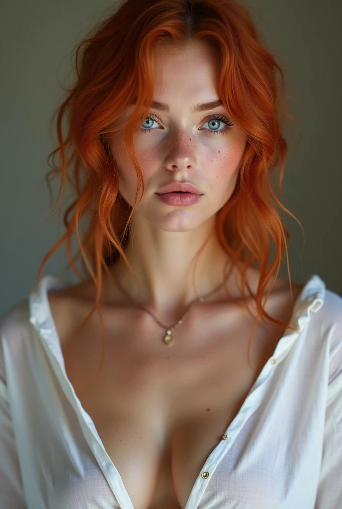 A white woman, blue colored eyes, Red hair, short shorts and wet white shirt showing part of her nipple, blushed face, Raby, sensual younger face wet shirt, boobies