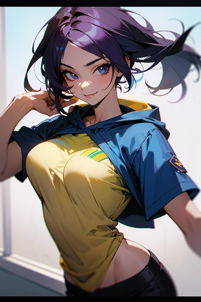 woman from Brazil, 18 years old, wearing a t-shirt open at the front with a hood, sensualizing, seducing, breasts partially visible, smiling