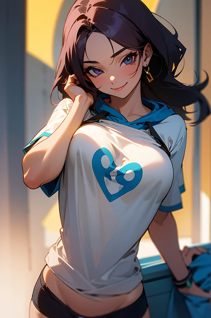 woman from Brazil, 18 years old, wearing a t-shirt open at the front with a hood, sensualizing, seducing, breasts partially visible, smiling