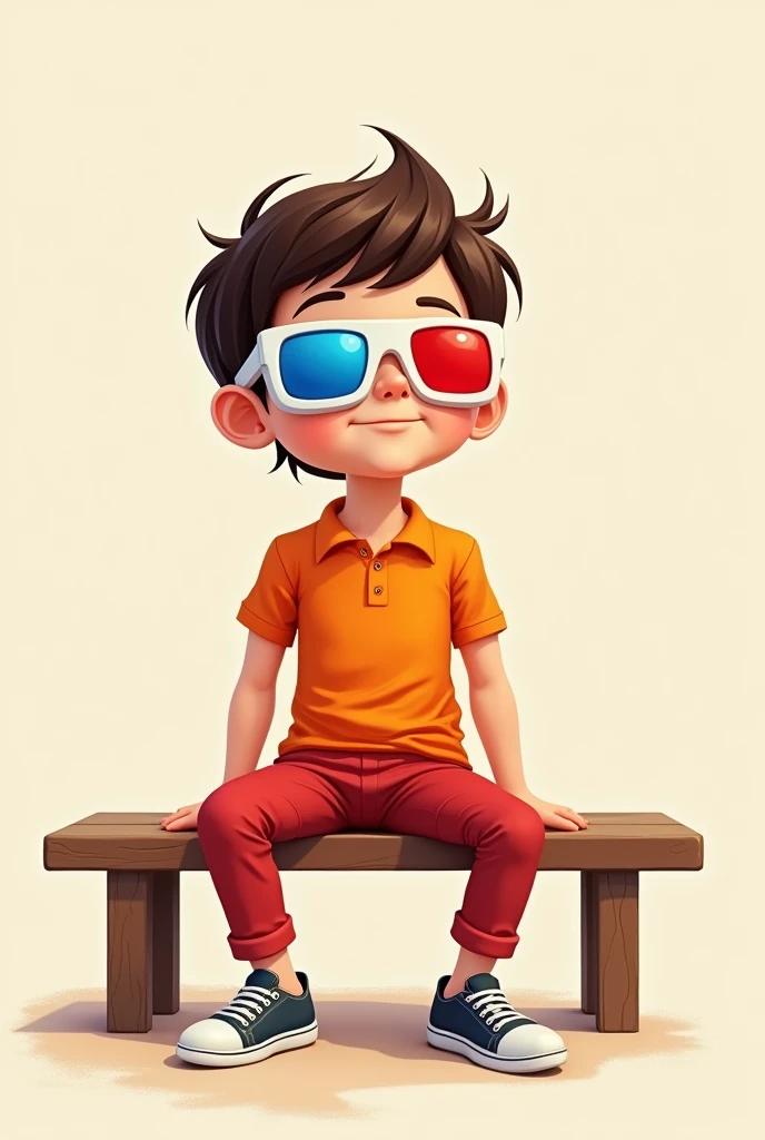 Boy with 3d glasses benches with red and blue lenses, with orange shirt, red pants and tennis shoes