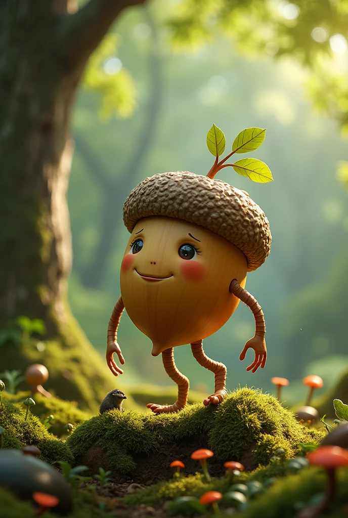 A little acorn plant have a legs and hands like humen 
Being a big acorn