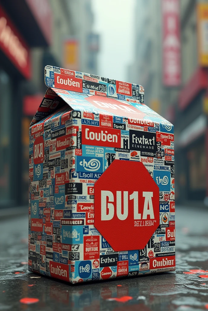 Create an image of a small packaging box that represents visual pollution.
