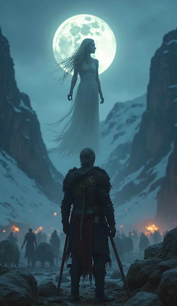 fantasy, night, deadly wounded nordic viking, IX century, warrior see a goddes in deadly amok, moonlite confession to goddes Freya, realistic, bokeh, immersive background of nordic fiords and battlefield at night