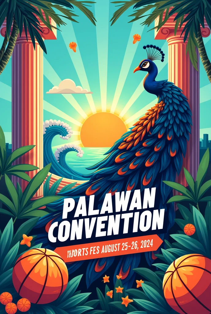 Poster for sports fest with four sun rays, peacock and coconut tree, small wave, palawan map and one corinthian column for sports as border or outline. The overall design should be sporty themed. With basketball, volleyball, badminton, chess. In the middle are large texts that reads PALAWAN DIVISION YOUTH CONVENTION—SPORTS FEST EDITION, AUGUST 25-26,2024