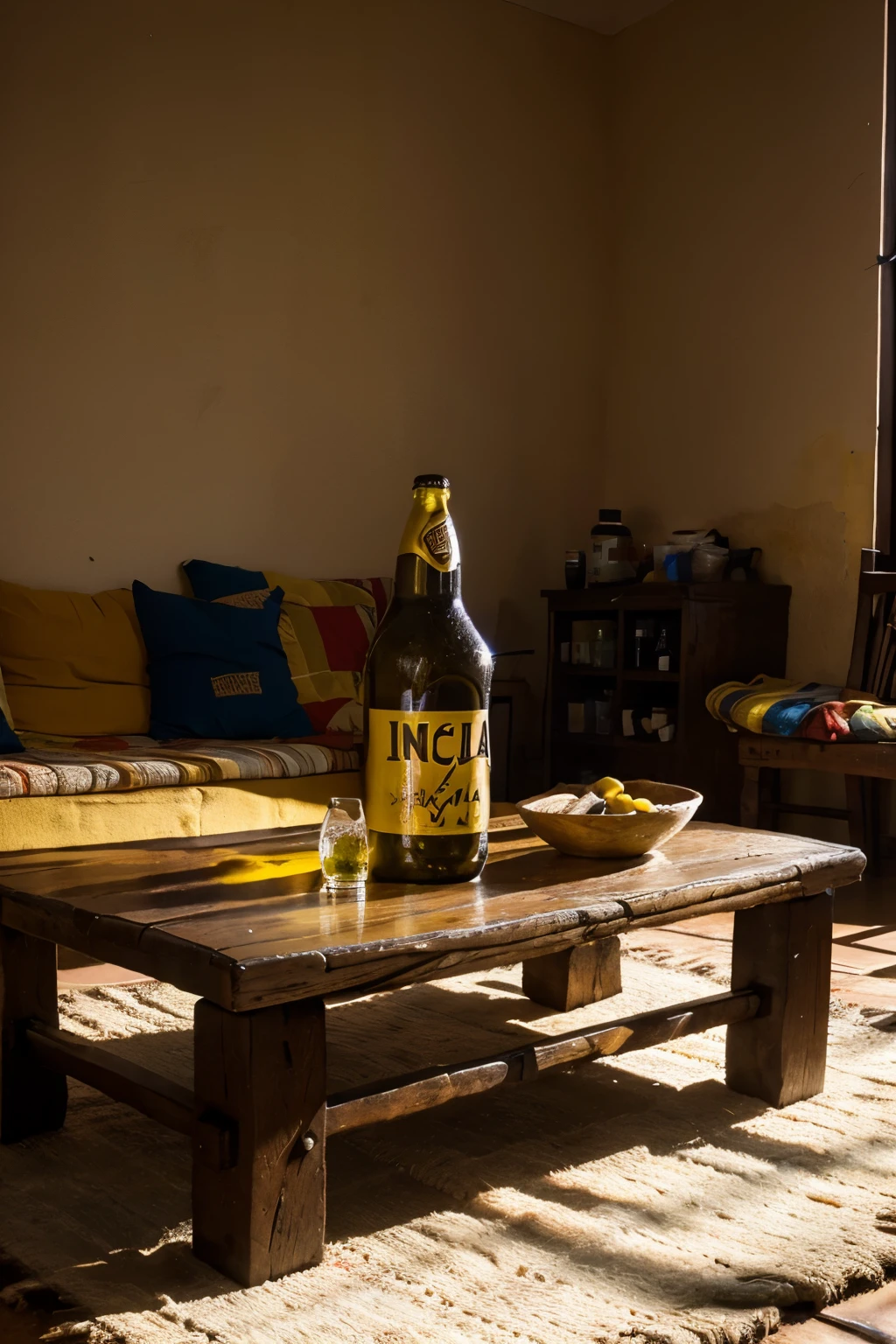 Vibrant photograph of a bottle of Inca Kola on a traditional Peruvian table. size 1920 x 1080