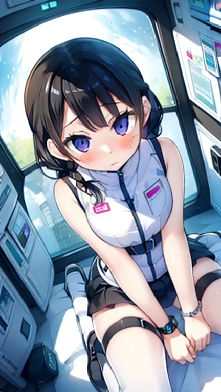 (Highest quality), (masterpiece), 1080P, High resolution, 4K, 8k, Inside the space station、Futuristic room、Thigh straps, Shooting from directly below, The woman on top of me, 白いSweat, Covered , Sweat, Woman looking down, Skirt swimsuit, Thigh-high socks, To achieve this, , , whole body, Black leather shoes, Braided hair, Inner Color, Embarrassed face, Short black hair, bracelet, Bedroom,celestial body_Vest
