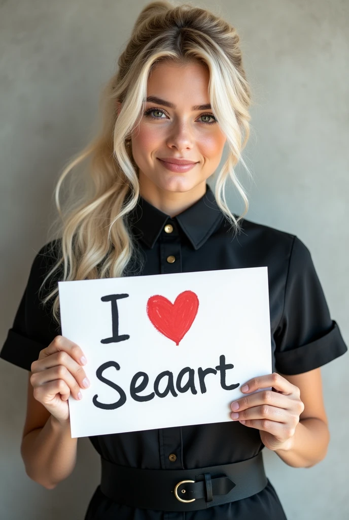 Beautiful caucasian girl with wavy long white blonde hair, black waiters outfit, holding a white board with handwritten text "I Love Seaart " and showing it to the viewer, ponytails hairstyle 