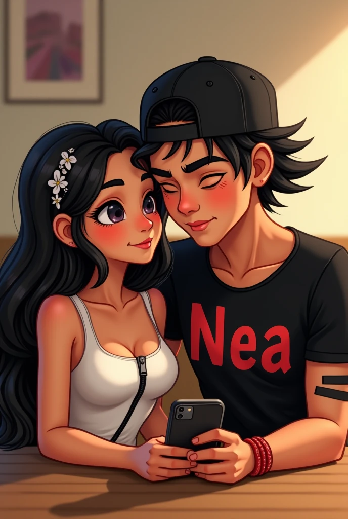A Disney or Pixar Couple Description of the Bride:The woman is wearing a white tank top with a black zipper and her hair is completely down and it is black and she is sitting on the right side.

Description of the groom:He is wearing a black t-shirt with letters that say Nea and they are red.,and he has a black cap and has a tattoo on his arm that is two black lines., the groom has a red bracelet.

They are both sitting looking in front of the cell phone and in the middle of the two there is a table
