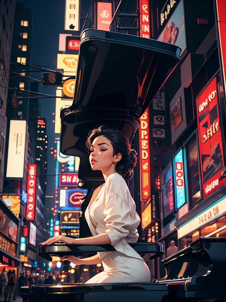 [Core Concept] A young woman playing piano in the middle of an urban street.

[Character Description] A beautiful, youthful woman with delicate features and graceful movements, her fingers dancing across the piano keys with elegant poise and concentration.

[Environment/Background] The scene takes place on a bustling urban street, surrounded by towering buildings, neon signs, and the hustle and bustle of city life. Pedestrians and vehicles weave through the background, creating a dynamic and vibrant atmosphere.

[Style and Atmosphere] The image has a dreamlike, almost surreal quality, with a soft, romantic lighting that bathes the woman and her piano in a warm, ethereal glow, contrasting with the gritty, modern urban setting.

[Composition] The woman and her piano are positioned at the center of the frame, commanding attention and creating a striking focal point. The surrounding cityscape frames and complements the central figure, drawing the viewer's eye towards the mesmerizing performance.

[Details and Embellishments] The woman's expression is one of deep focus and passion, her eyes closed as she loses herself in the music. The piano itself is a sleek, grand instrument, its glossy black surface reflecting the lights of the city.

[Technical Specifications] The image is rendered in a photorealistic style, with a high level of detail and attention to lighting, texture, and perspective, creating a sense of immersion and realism.