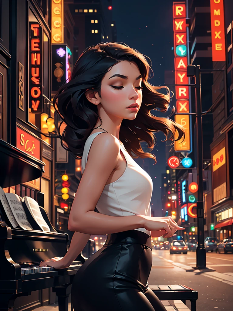 [Core Concept] A young woman playing piano in the middle of an urban street.

[Character Description] A beautiful, youthful woman with delicate features and graceful movements, her fingers dancing across the piano keys with elegant poise and concentration.

[Environment/Background] The scene takes place on a bustling urban street, surrounded by towering buildings, neon signs, and the hustle and bustle of city life. Pedestrians and vehicles weave through the background, creating a dynamic and vibrant atmosphere.

[Style and Atmosphere] The image has a dreamlike, almost surreal quality, with a soft, romantic lighting that bathes the woman and her piano in a warm, ethereal glow, contrasting with the gritty, modern urban setting.

[Composition] The woman and her piano are positioned at the center of the frame, commanding attention and creating a striking focal point. The surrounding cityscape frames and complements the central figure, drawing the viewer's eye towards the mesmerizing performance.

[Details and Embellishments] The woman's expression is one of deep focus and passion, her eyes closed as she loses herself in the music. The piano itself is a sleek, grand instrument, its glossy black surface reflecting the lights of the city.

[Technical Specifications] The image is rendered in a photorealistic style, with a high level of detail and attention to lighting, texture, and perspective, creating a sense of immersion and realism.