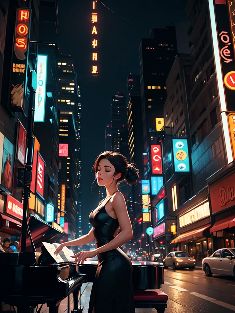 [Core Concept] A young woman playing piano in the middle of an urban street.

[Character Description] A beautiful, youthful woman with delicate features and graceful movements, her fingers dancing across the piano keys with elegant poise and concentration.

[Environment/Background] The scene takes place on a bustling urban street, surrounded by towering buildings, neon signs, and the hustle and bustle of city life. Pedestrians and vehicles weave through the background, creating a dynamic and vibrant atmosphere.

[Style and Atmosphere] The image has a dreamlike, almost surreal quality, with a soft, romantic lighting that bathes the woman and her piano in a warm, ethereal glow, contrasting with the gritty, modern urban setting.

[Composition] The woman and her piano are positioned at the center of the frame, commanding attention and creating a striking focal point. The surrounding cityscape frames and complements the central figure, drawing the viewer's eye towards the mesmerizing performance.

[Details and Embellishments] The woman's expression is one of deep focus and passion, her eyes closed as she loses herself in the music. The piano itself is a sleek, grand instrument, its glossy black surface reflecting the lights of the city.

[Technical Specifications] The image is rendered in a photorealistic style, with a high level of detail and attention to lighting, texture, and perspective, creating a sense of immersion and realism.