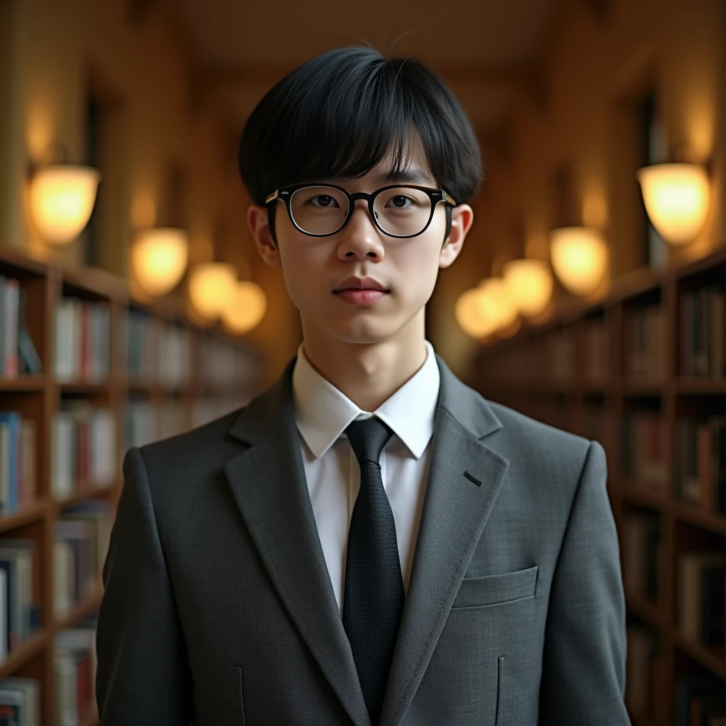 Young man with glasses, serious in gray suit in the library with a yellowish atmosphere 
