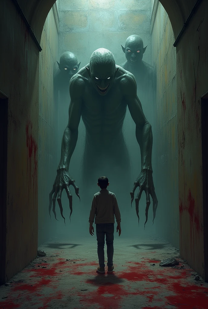 A person alone in a haunted room With a very scary background,
With demons wanting to eat him And the style of the realistic type image With a gloomy and bloody style