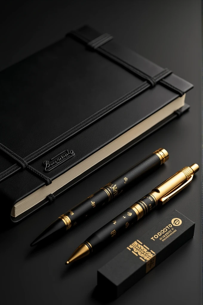 Stationery items in black and gold. ex: notebook, Pencil, gumi, caneta,