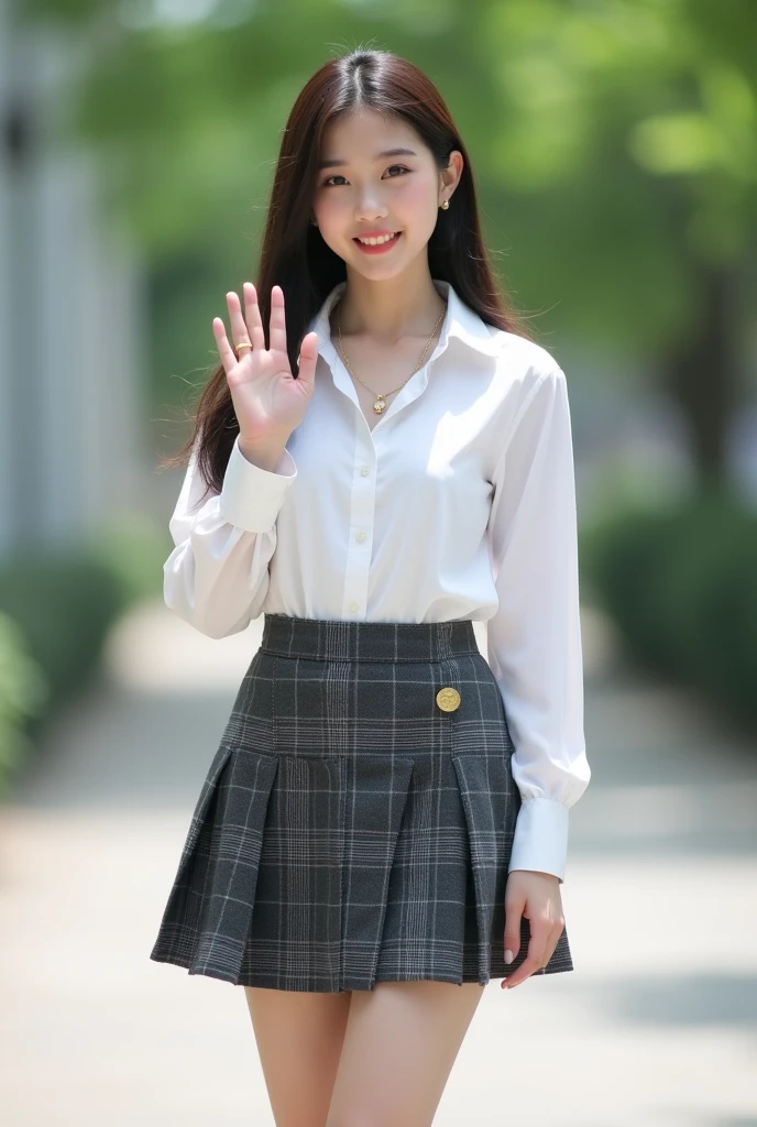 A mature high school girl with beautiful legs。Summer clothes and gal style、The top is a white blouse、The skirt is a dark grey ombre check uniform.。Full-body photo taken on campus。The chest of the blouse is open。A gold necklace on the chest。Wearing short white socks。Waving to the camera。Highest quality。