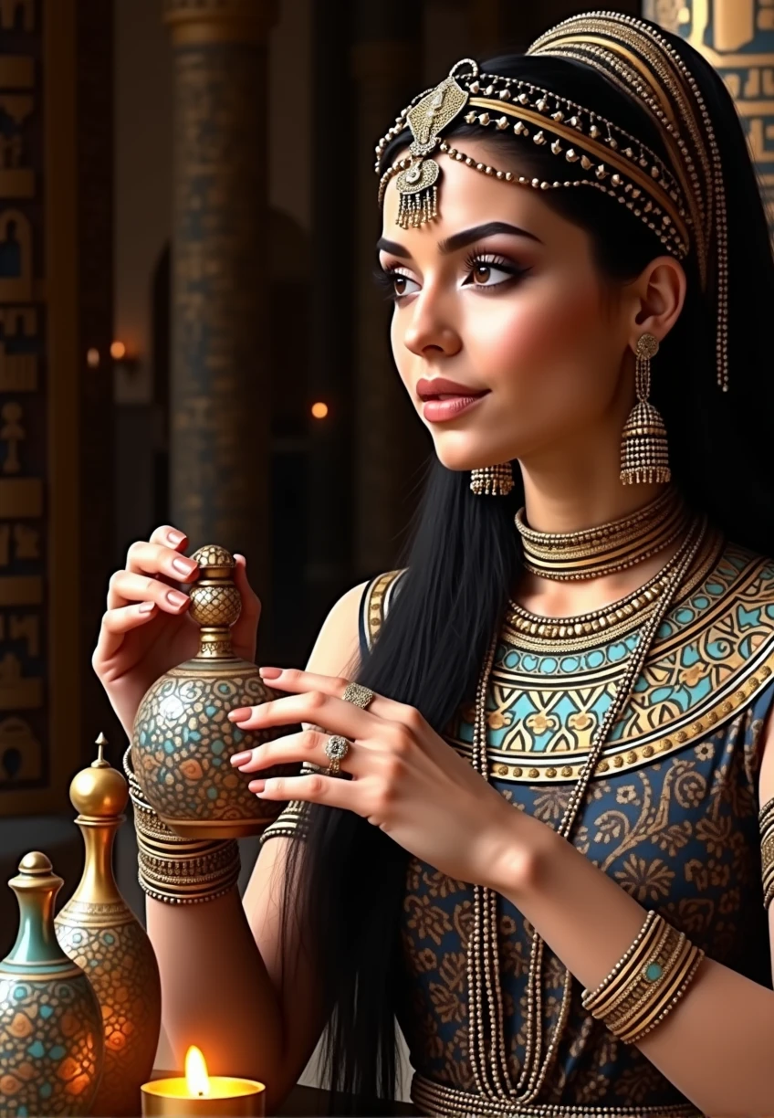 Image Egyptian woman with faience perfume bottles trying perfume.. This image is from, time of ancient Egypt 10 thousand years ago 