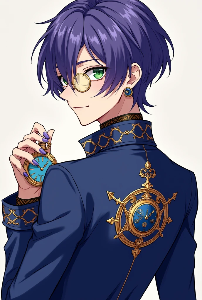 A young male Idol with neat and elegant purple-blue hair. Wearing a European-style performance outfit in Amber and blue, European suits combined with Gothic and Baroque styles, stylized like a modern fashion model. Wearing gold monocle glass and holding a sapphire blue pocket watch. Green eyes. Earrings stylized to match the outfit.
On the back is the Deus ex Machina logo with the symbol of a time-traveling clock. The main color is #e8b923.