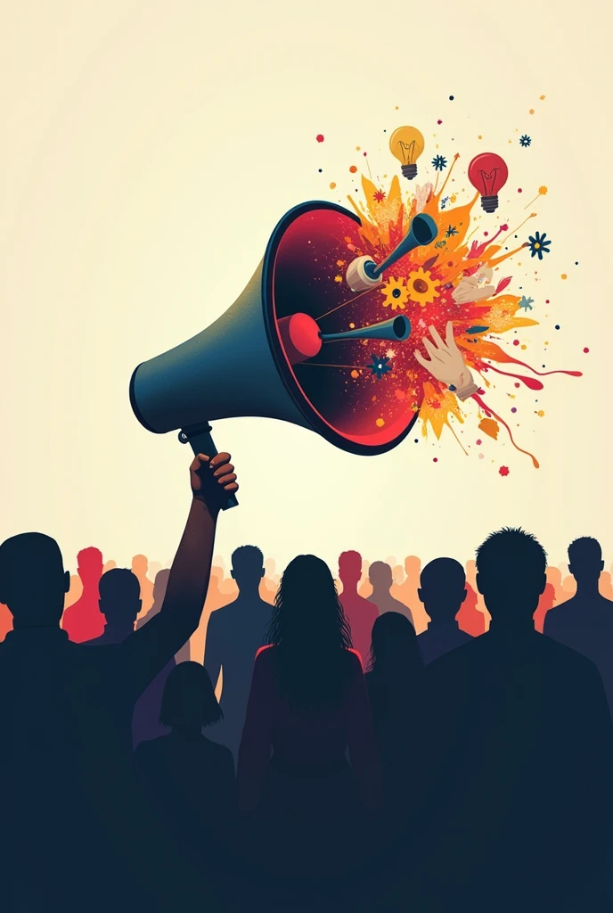 A large, stylized megaphone or speech bubble emerging from a crowd of silhouettes. Inside the megaphone or speech bubble, feature vibrant, abstract patterns or images that symbolize innovation, such as light bulbs, gears, or nature elements.