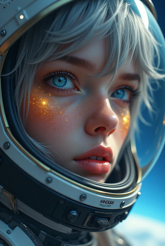 (Close-up of a better masterpiece:1.5)0.9], (Space and astronauts:1.2) (Messy silver hair:1.1) (Heterochromia xanthochromia and blue eyes:1.2) (Space Helmet:1.0) (Colored stars in the eyes:1.0) (A radiant glow:1.1) (thick lips:0.9)