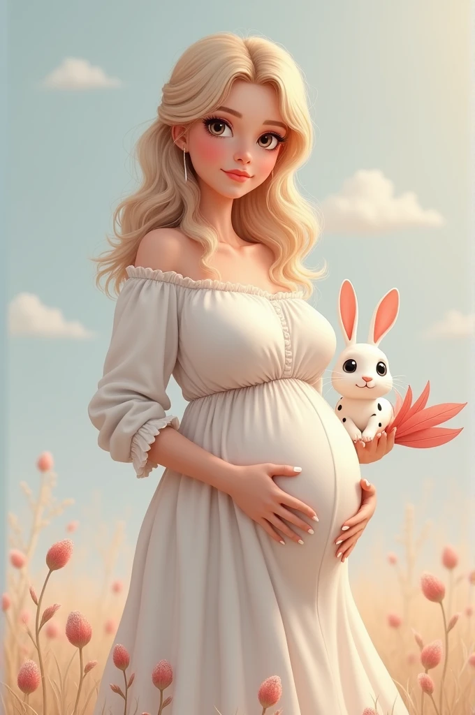 - **Femme blonde enceinte de 7 mois** : Elle a les cheveux bond, légèrement ondulés, et porte une tenue simple et confortable qui met en valeur sa grossesse. Elle est debout, avec une expression douce sur le visage.
- **Lapin blanc avec des taches noires** : Le lapin est petit et délicat, avec un pelage blanc, mais parsemé de quelques taches noires distinctives. Il est blotti contre son bras droit, qui repose le long de son corps.
- **Laisse rouge attachée à un dalmatien** : Dans sa main gauche, elle tient une laisse rouge. À l'autre bout de la laisse se trouve un dalmatien, un chien de taille moyenne au pelage blanc couvert de taches noires, qui est assis ou debout calmement à côté d'elle.
- **Fond pastel** : Le fond est doux et flou, composé de teintes pastel comme le rose pâle, le bleu clair, ou encore le lavande, qui donnent à l'image une atmosphère apaisante et rêveuse.
Effet réaliste
