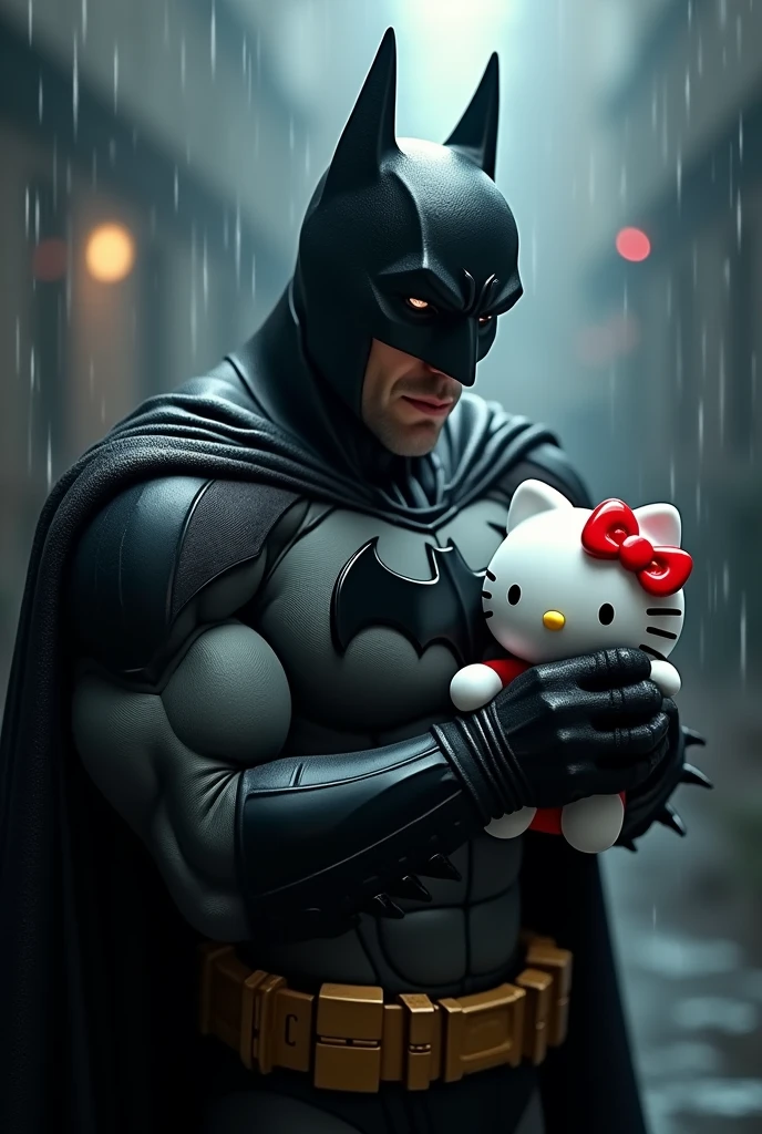 I want you to generate me a a picture of angry savage dangrouse batman his black suit and holding hello kitten hands while hello kitty is happy and smiling and in the back ground i want to be some rains and darkness
