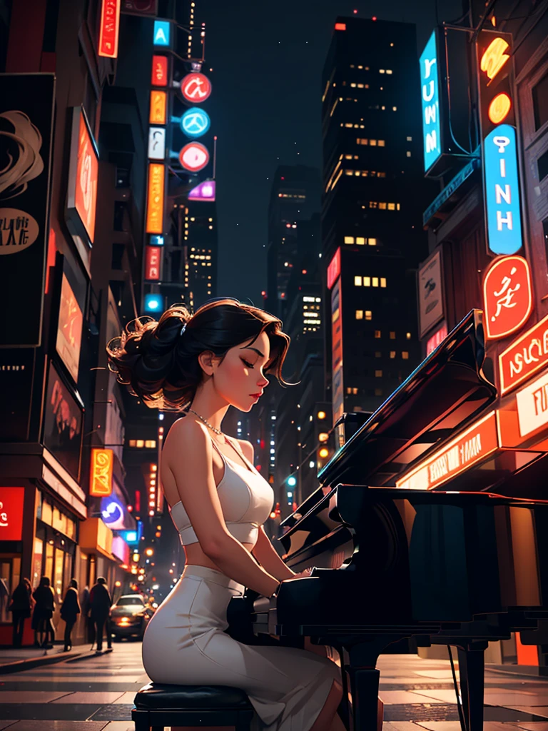 [Core Concept] A young woman playing piano in the middle of an urban street.

[Character Description] A beautiful, youthful woman with delicate features and graceful movements, her fingers dancing across the piano keys with elegant poise and concentration.

[Environment/Background] The scene takes place on a bustling urban street, surrounded by towering buildings, neon signs, and the hustle and bustle of city life. Pedestrians and vehicles weave through the background, creating a dynamic and vibrant atmosphere.

[Style and Atmosphere] The image has a dreamlike, almost surreal quality, with a soft, romantic lighting that bathes the woman and her piano in a warm, ethereal glow, contrasting with the gritty, modern urban setting.

[Composition] The woman and her piano are positioned at the center of the frame, commanding attention and creating a striking focal point. The surrounding cityscape frames and complements the central figure, drawing the viewer's eye towards the mesmerizing performance.

[Details and Embellishments] The woman's expression is one of deep focus and passion, her eyes closed as she loses herself in the music. The piano itself is a sleek, grand instrument, its glossy black surface reflecting the lights of the city.

[Technical Specifications] The image is rendered in a photorealistic style, with a high level of detail and attention to lighting, texture, and perspective, creating a sense of immersion and realism.