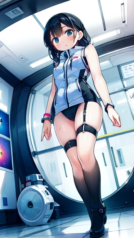 (Highest quality), (masterpiece), 1080P, High resolution, 4K, 8k, Inside the space station、Futuristic room、Thigh straps, Shooting from directly below, The woman on top of me, 白いSweat, Covered , Sweat, Woman looking down, Skirt swimsuit, Thigh-high socks, To achieve this, , , whole body, Black leather shoes, Braided hair, Inner Color, Embarrassed face, Short black hair, bracelet, Bedroom,celestial body_Vest
