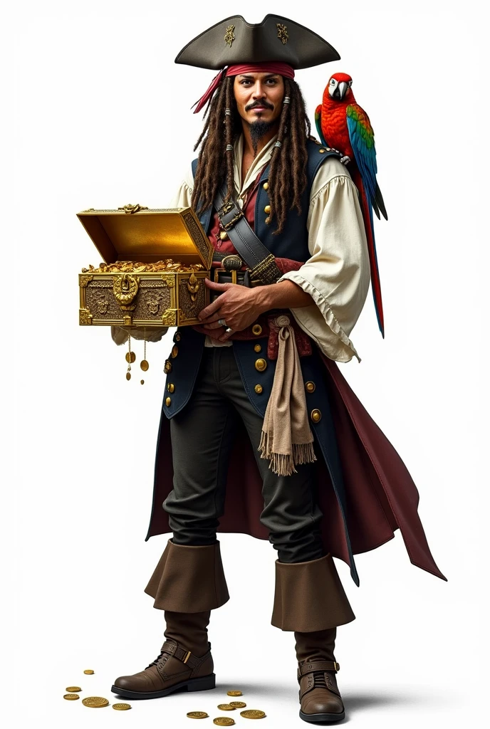 CREATE FOR ME an image of the character Jack Sparrow according to the characteristics of the film and the same feature on the face use the face of the actor Johnny Depp to be the pirate make him hold the chest of Aztec gold, MAKE THE CHEST OPEN, SHOWING THE COINS AND JEWELRY INSIDE make the image with a white background Also add the parrot on Jack Sparrow's shoulder. Image Description:
charachter: Jack Sparrow
Roupa: Jack Sparrow is wearing his traditional pirate costume, including a white ruffled shirt, a brown vest, dark pants and boots. He is also wearing a tricorn hat, a red bandana, and has his iconic pirate belt with various tools and a sword.
stance: He is standing, with a triumphant expression and a slight smile on his face, holding Aztec gold chest with one hand.
parrot: No ombro direito de Jack Sparrow, is the parrot, with colorful feathers and a curious expression. The parrot is one of the details that adds a classic touch to the character..
Aztec Gold Chest:
Appearance: The chest is decorated with intricate gold details and Aztec symbols. It is partially open.
Content: Inside the chest, a dazzling shine of gold coins is visible, collars, rings and other precious items. Some of the jewels are partially visible outside the chest., scattered a little around to highlight the richness that is within.
fund:
Farbe: pure white, to highlight the character and chest without distractions.
Additional Detail:
Lighting: Lighting can be soft, to accentuate the shine of the coins and jewels in the chest.
eyeshadows: Slight shadows can be added to give a sense of depth and realism to the image.